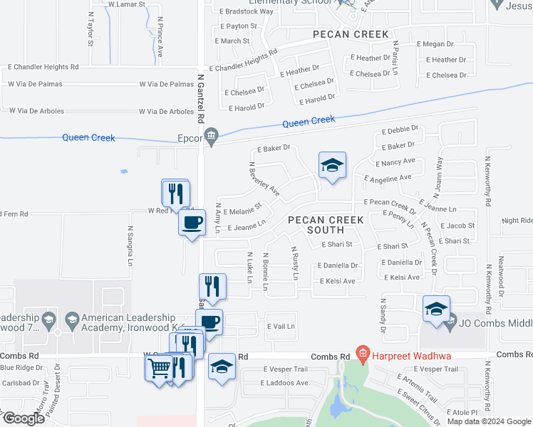 map of restaurants, bars, coffee shops, grocery stores, and more near 648 East Jeanne Lane in Queen Creek