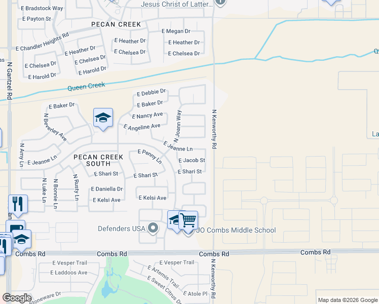 map of restaurants, bars, coffee shops, grocery stores, and more near 1657 East Jeanne Lane in San Tan Valley