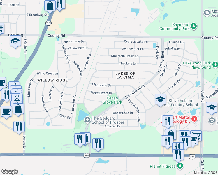 map of restaurants, bars, coffee shops, grocery stores, and more near 1201 Three Rivers Drive in Prosper
