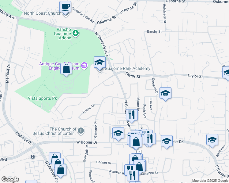 map of restaurants, bars, coffee shops, grocery stores, and more near 1768 Henderson Court in Vista