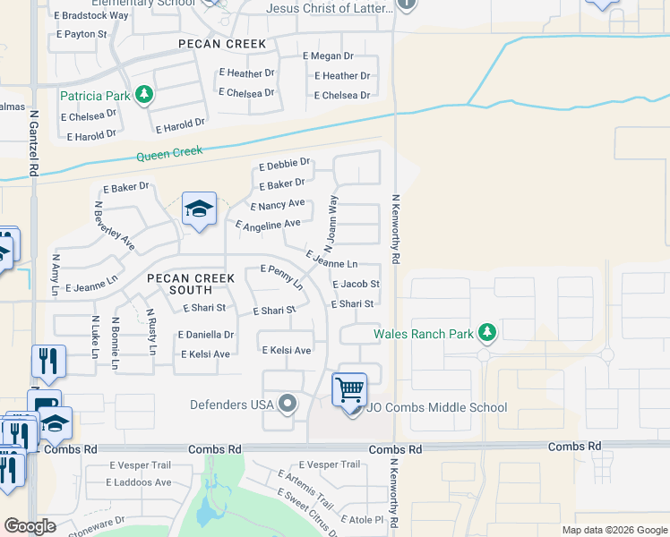 map of restaurants, bars, coffee shops, grocery stores, and more near 1585 East Jeanne Lane in Queen Creek