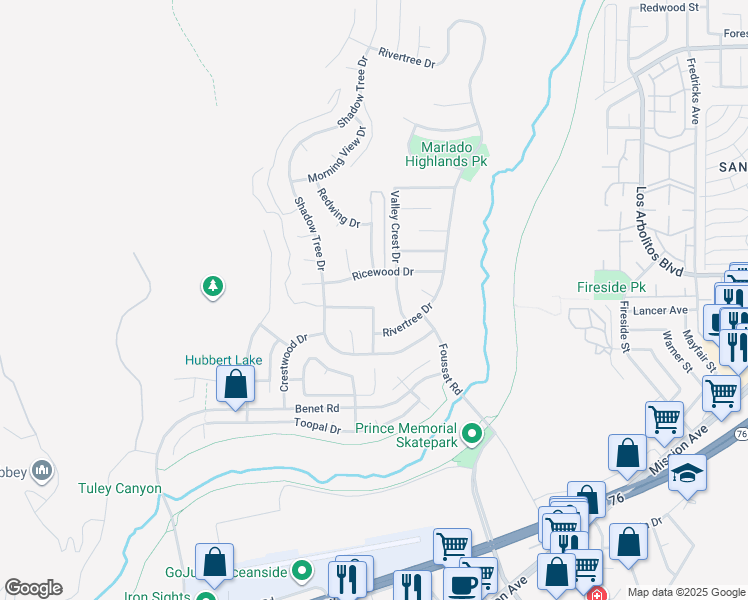 map of restaurants, bars, coffee shops, grocery stores, and more near 3364 Hollowtree Drive in Oceanside