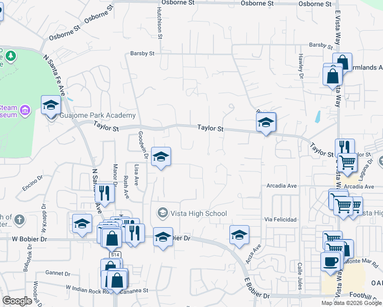 map of restaurants, bars, coffee shops, grocery stores, and more near 450 Gail Drive in Vista