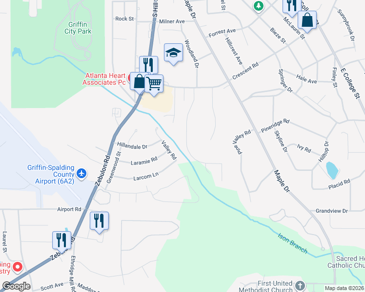 map of restaurants, bars, coffee shops, grocery stores, and more near 233 Larcom Lane in Griffin