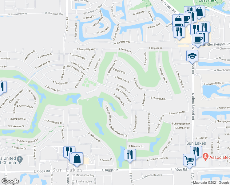map of restaurants, bars, coffee shops, grocery stores, and more near 24135 South Sunbrook Drive in Sun Lakes