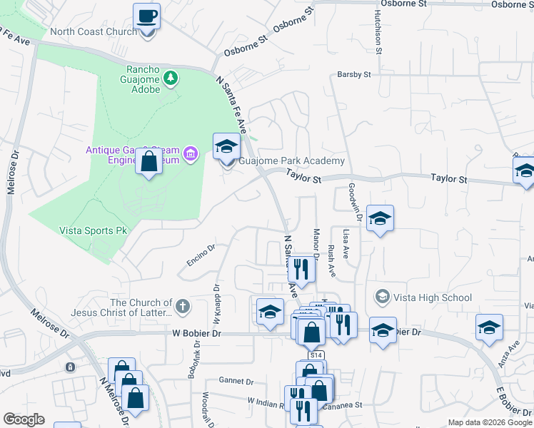 map of restaurants, bars, coffee shops, grocery stores, and more near 1774 Henderson Court in Vista
