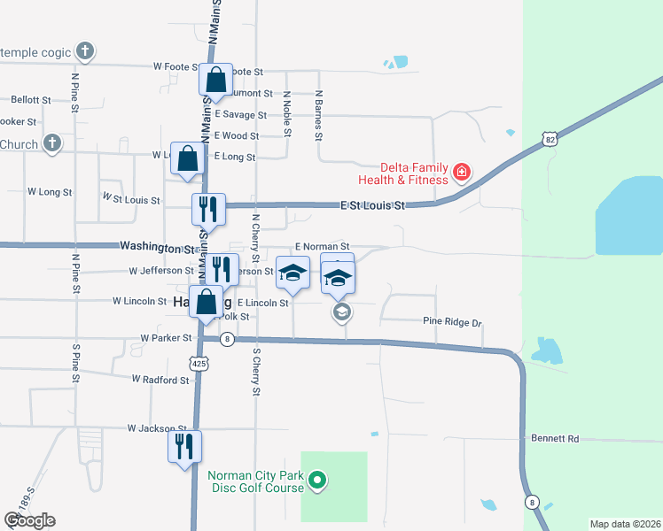 map of restaurants, bars, coffee shops, grocery stores, and more near 521 East Lincoln Street in Hamburg