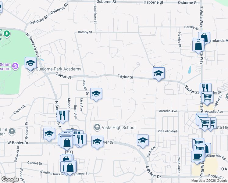map of restaurants, bars, coffee shops, grocery stores, and more near 450 Gail Drive in Vista