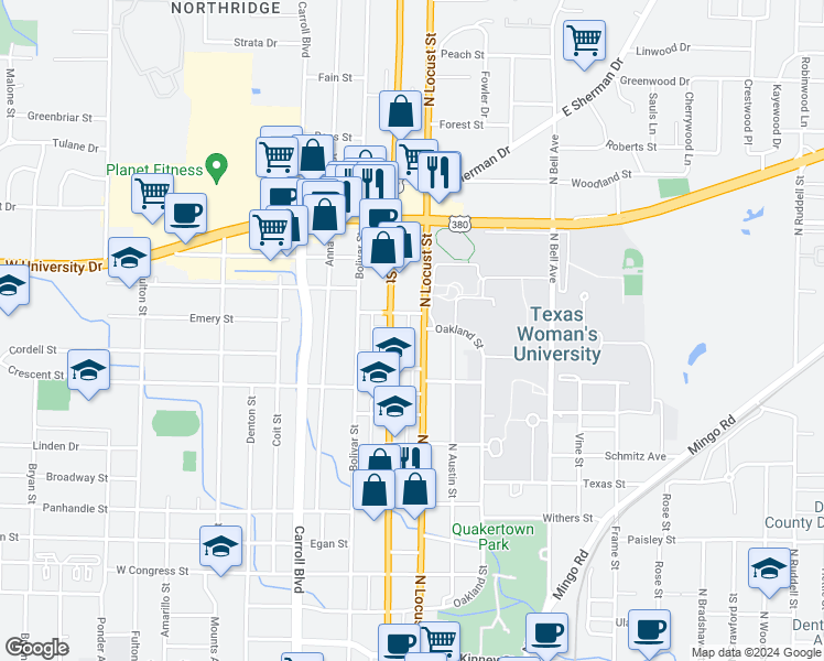 map of restaurants, bars, coffee shops, grocery stores, and more near 1505 North Locust Street in Denton