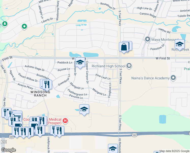 map of restaurants, bars, coffee shops, grocery stores, and more near 3701 Pine Leaf Lane in Prosper