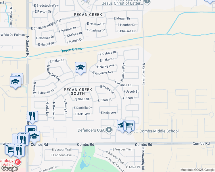 map of restaurants, bars, coffee shops, grocery stores, and more near 1334 East Penny Lane in Queen Creek