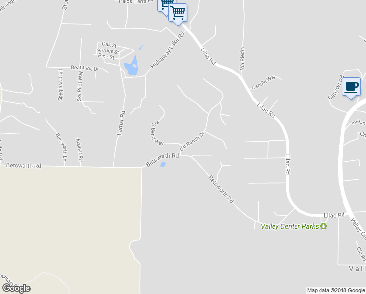 map of restaurants, bars, coffee shops, grocery stores, and more near Old Ranch Drive & Big Bend Way in Valley Center