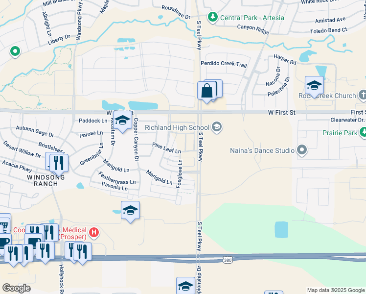 map of restaurants, bars, coffee shops, grocery stores, and more near 810 Bandera Ct in Prosper