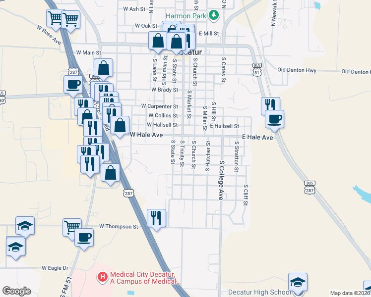 map of restaurants, bars, coffee shops, grocery stores, and more near 1000 South Trinity Street in Decatur
