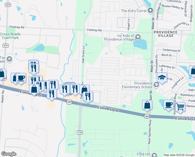 map of restaurants, bars, coffee shops, grocery stores, and more near 2409 Evening Stone Drive in Aubrey