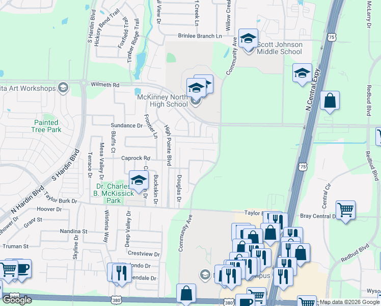 map of restaurants, bars, coffee shops, grocery stores, and more near 2301 Summit Drive in McKinney
