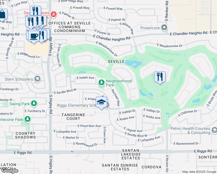 map of restaurants, bars, coffee shops, grocery stores, and more near 6758 Rachael Way in Gilbert