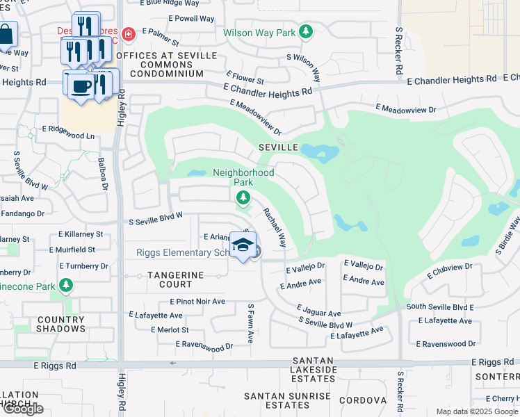 map of restaurants, bars, coffee shops, grocery stores, and more near 6731 Rachael Way in Gilbert