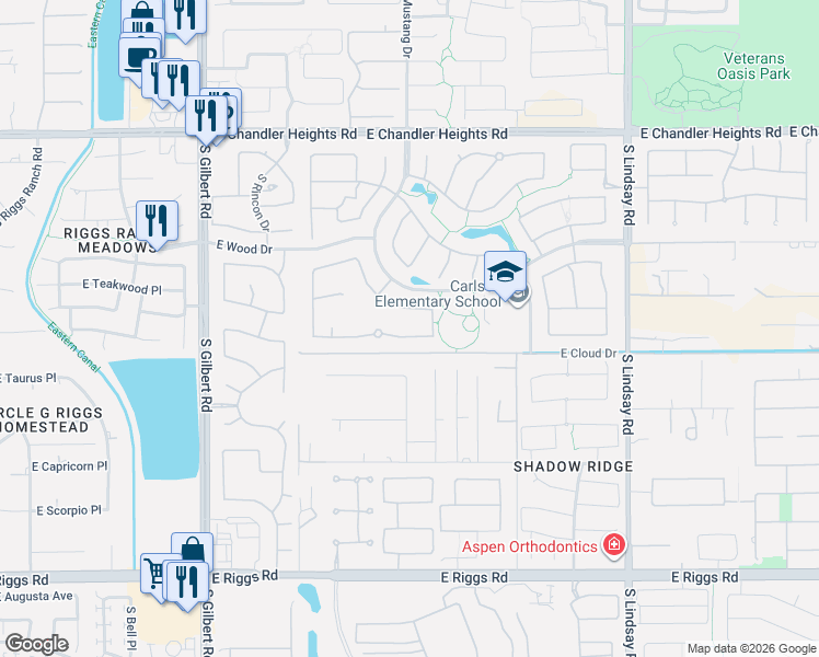 map of restaurants, bars, coffee shops, grocery stores, and more near 5421 South San Sebastian Place in Chandler