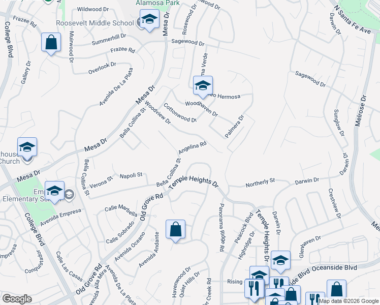 map of restaurants, bars, coffee shops, grocery stores, and more near 5240 Angelina Road in Oceanside