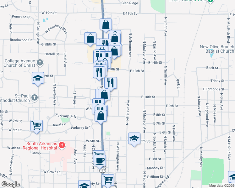 map of restaurants, bars, coffee shops, grocery stores, and more near 1600 North Washington Avenue in El Dorado