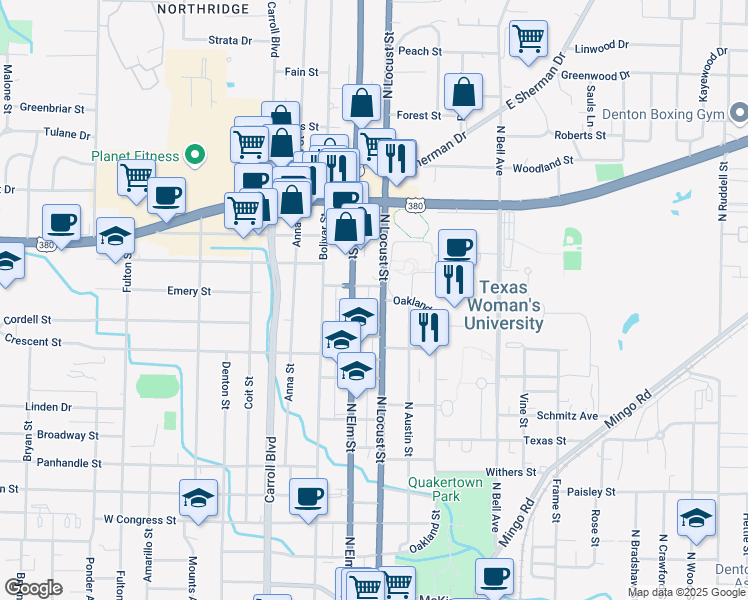 map of restaurants, bars, coffee shops, grocery stores, and more near 1605 North Locust Street in Denton