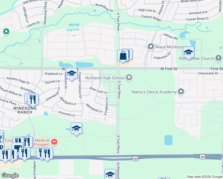 map of restaurants, bars, coffee shops, grocery stores, and more near 3701 Pine Leaf Lane in Prosper