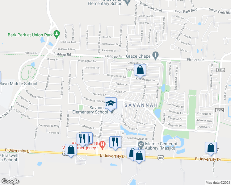 map of restaurants, bars, coffee shops, grocery stores, and more near 920 Caudle Lane in Aubrey