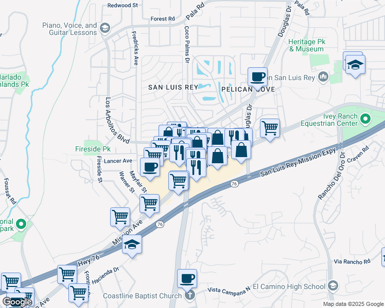 map of restaurants, bars, coffee shops, grocery stores, and more near 219 North El Camino Real in Oceanside