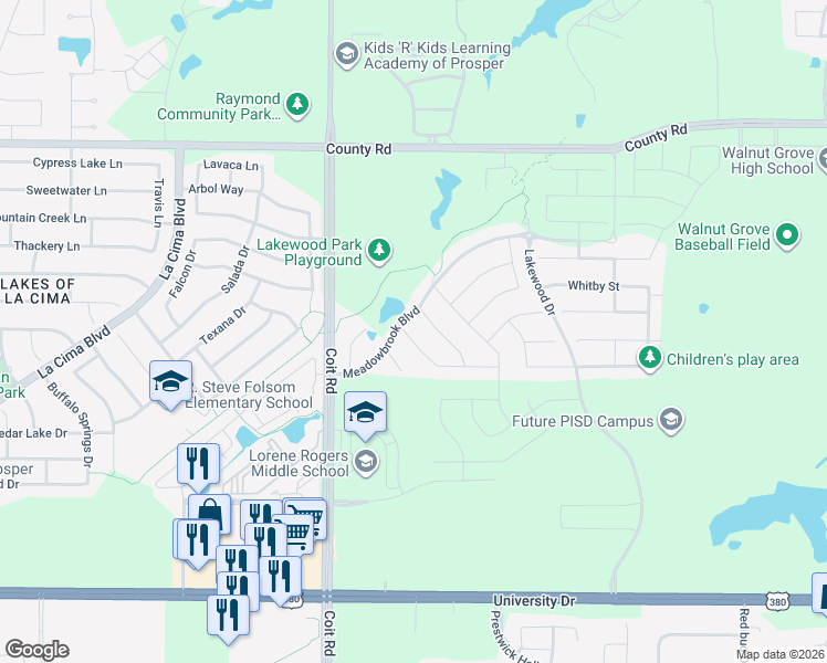 map of restaurants, bars, coffee shops, grocery stores, and more near 731 Dover Drive in Prosper