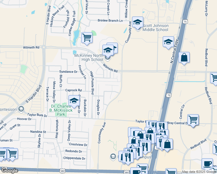 map of restaurants, bars, coffee shops, grocery stores, and more near 2117 Summit Drive in McKinney