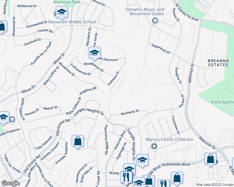 map of restaurants, bars, coffee shops, grocery stores, and more near 1332 Panorama Ridge Road in Oceanside