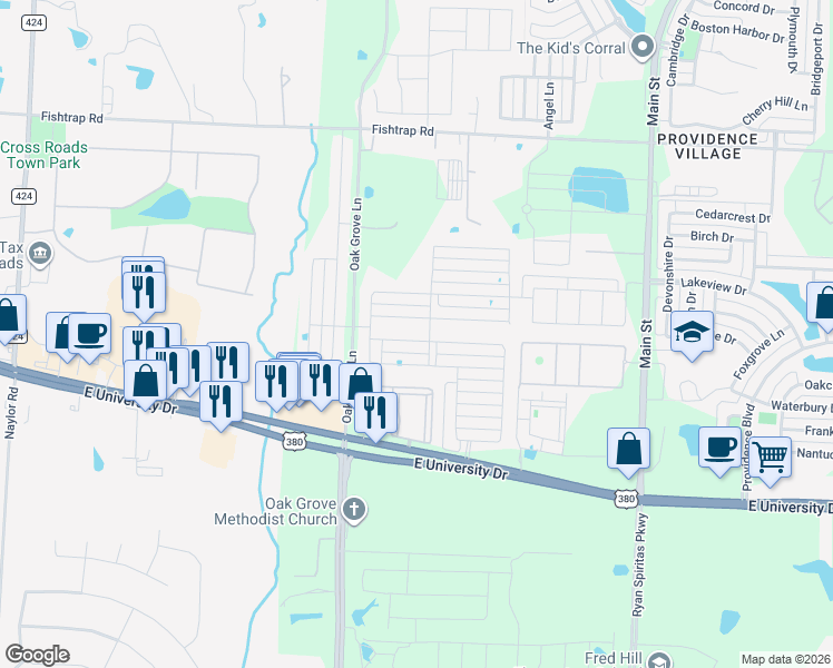map of restaurants, bars, coffee shops, grocery stores, and more near 2409 Evening Stone Drive in Aubrey