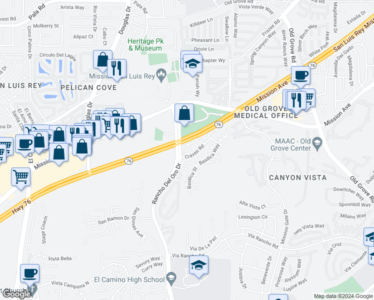 map of restaurants, bars, coffee shops, grocery stores, and more near 222 Rancho Del Oro Drive in Oceanside