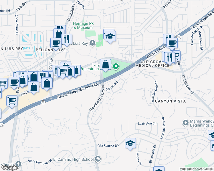 map of restaurants, bars, coffee shops, grocery stores, and more near 222 Rancho Del Oro Drive in Oceanside