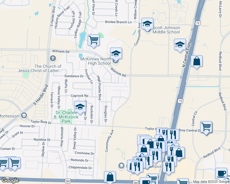 map of restaurants, bars, coffee shops, grocery stores, and more near 2213 Kingsdale Court in McKinney