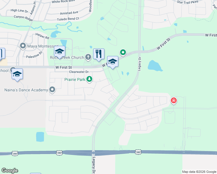 map of restaurants, bars, coffee shops, grocery stores, and more near 2681 Highland Street in Prosper