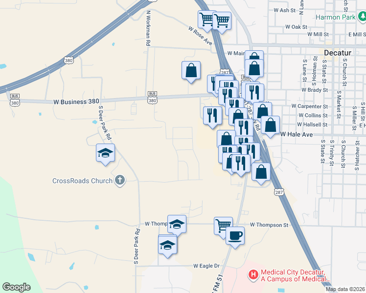 map of restaurants, bars, coffee shops, grocery stores, and more near 800 S U.S. 287 in Decatur