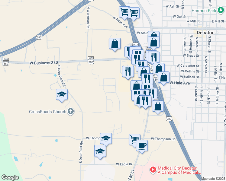 map of restaurants, bars, coffee shops, grocery stores, and more near 800 S U.S. 287 in Decatur