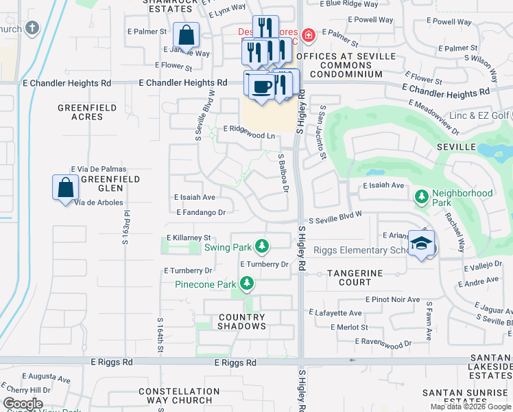 map of restaurants, bars, coffee shops, grocery stores, and more near 3089 East Fandango Drive in Gilbert