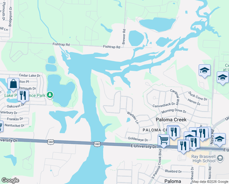 map of restaurants, bars, coffee shops, grocery stores, and more near 1045 Albatross Lane in Aubrey