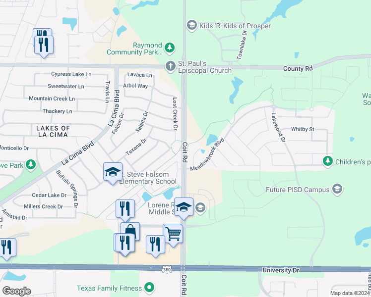 map of restaurants, bars, coffee shops, grocery stores, and more near 814 Coit Road in Prosper