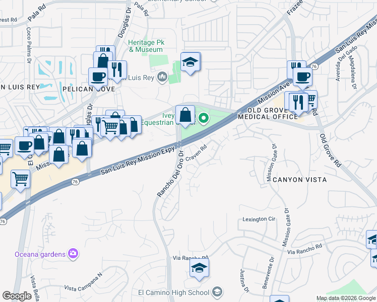 map of restaurants, bars, coffee shops, grocery stores, and more near 222 Rancho Del Oro Drive in Oceanside