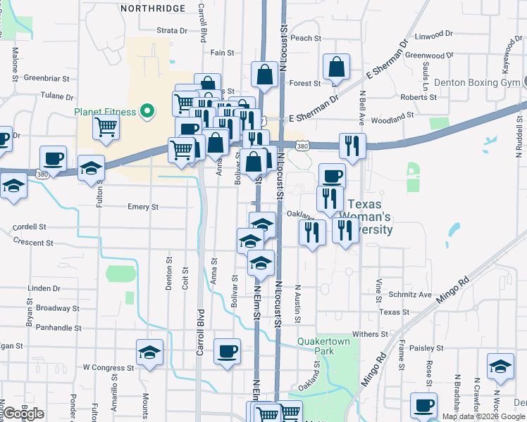 map of restaurants, bars, coffee shops, grocery stores, and more near 1605 North Locust Street in Denton