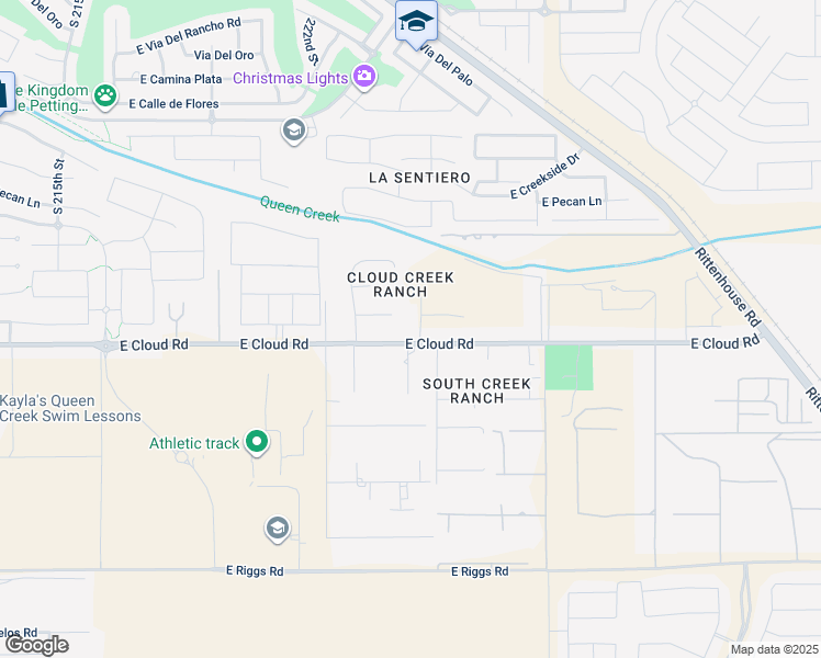 map of restaurants, bars, coffee shops, grocery stores, and more near 22128 East Misty Court in Queen Creek