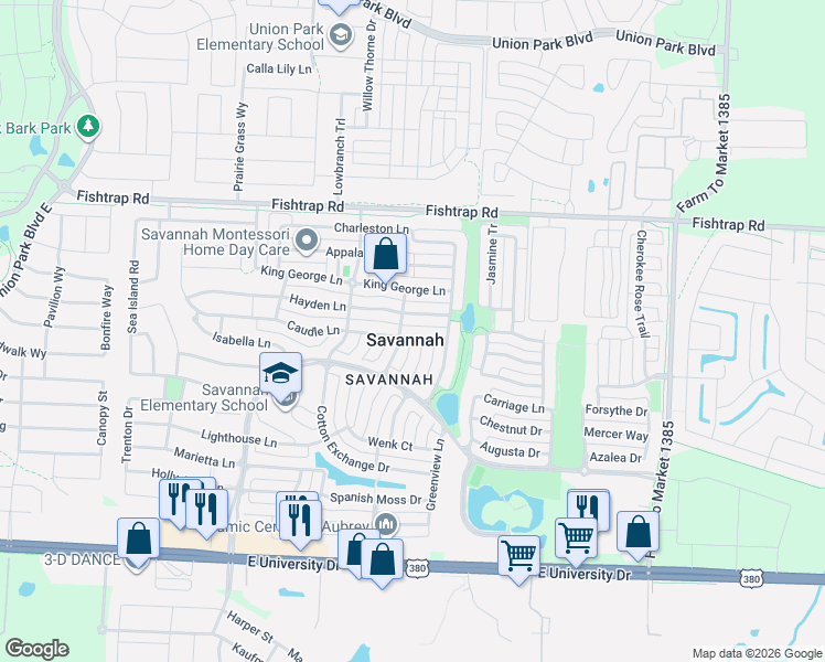 map of restaurants, bars, coffee shops, grocery stores, and more near 1200 Hayden Lane in Denton County