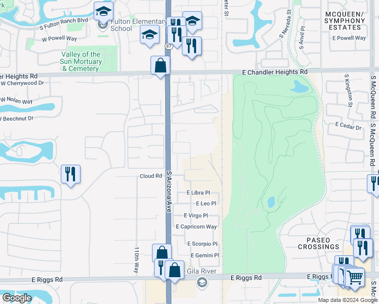 map of restaurants, bars, coffee shops, grocery stores, and more near 24053 South Arizona Avenue in Chandler