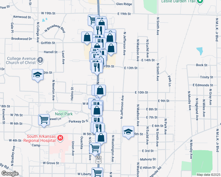 map of restaurants, bars, coffee shops, grocery stores, and more near 1600 North Washington Avenue in El Dorado