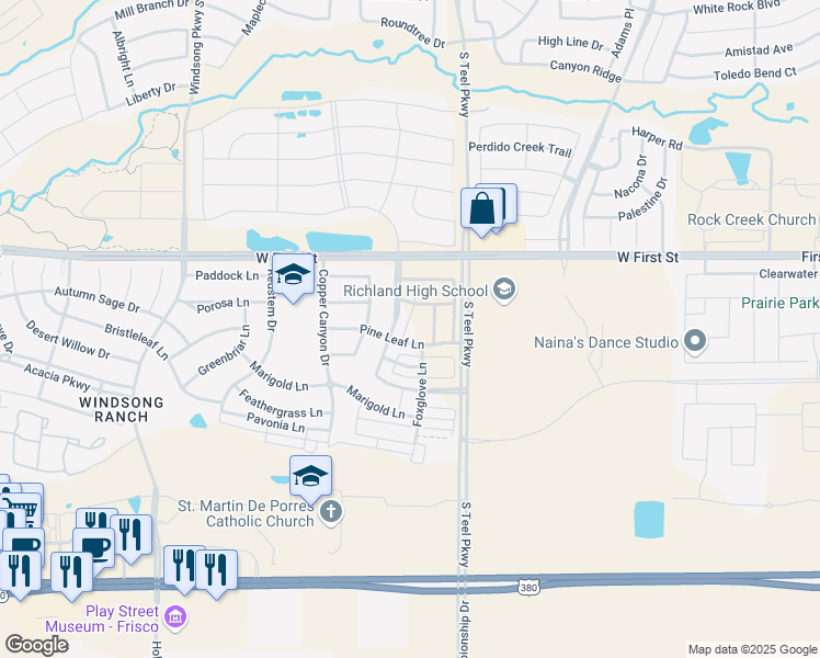 map of restaurants, bars, coffee shops, grocery stores, and more near 810 Bandera Ct in Prosper