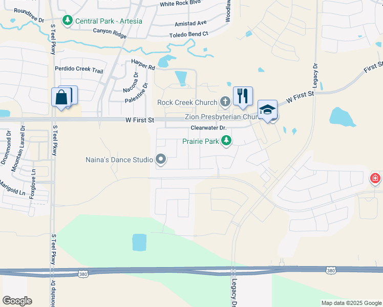 map of restaurants, bars, coffee shops, grocery stores, and more near 801 Elm Park Drive in Prosper
